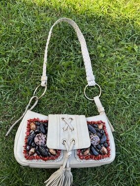 VintageYves Saint Laurent Cream Shoulder Bag with Multicolor Bead Embellishments